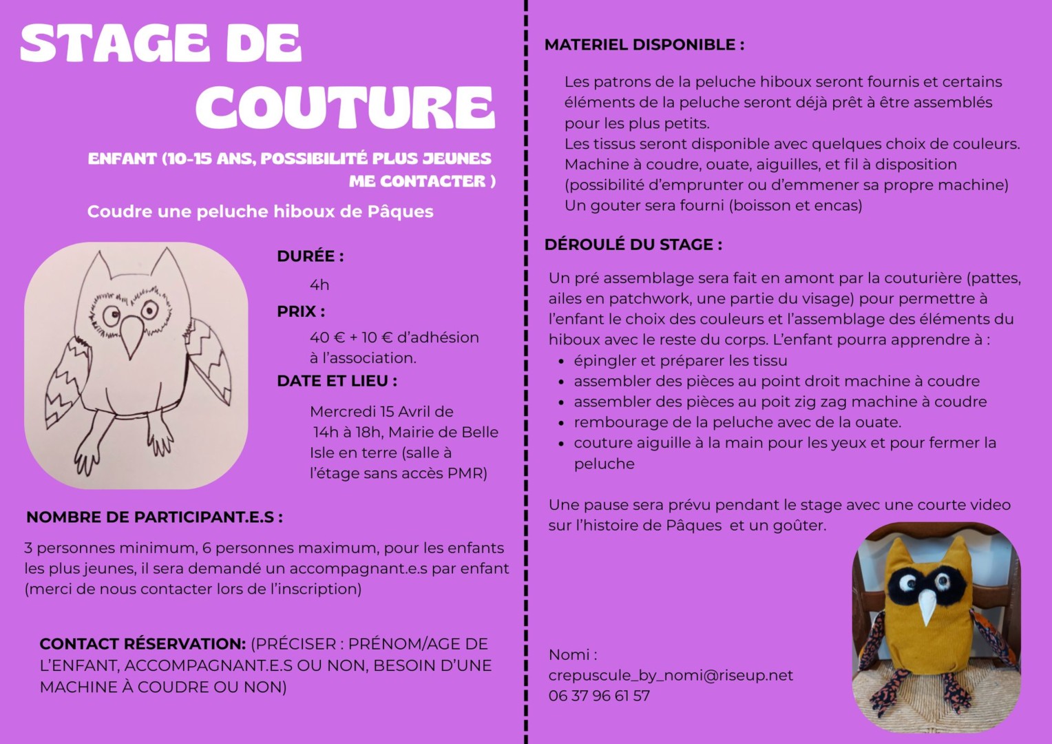 Stage couture enfants : coudre une peluche hibou de Pâques