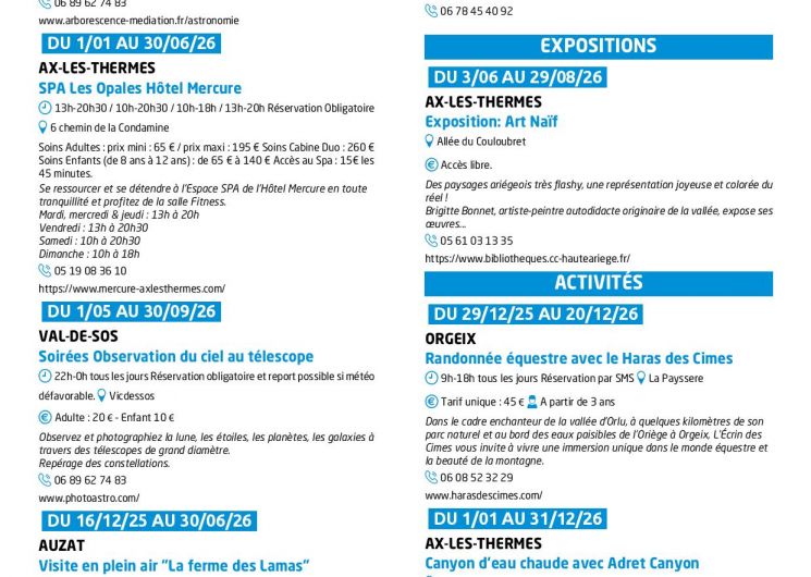 Programme des animations et des activités des Pyrénées Ariégeoises_Ax-les-Thermes