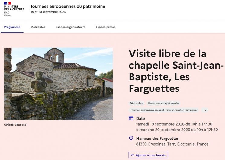 Journées Européennes du Patrimoine - Visite de la chapelle Saint-Jean-Baptiste_Crespinet
