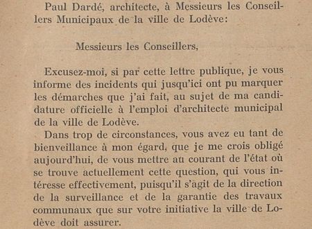 LETTRE PUBLIQUE DE PAUL DARDE, ARCHITECTE, A MESSIEURS LES CONSEILLERS MUNICIPAUX DE LA VILLE DE LODEVE 