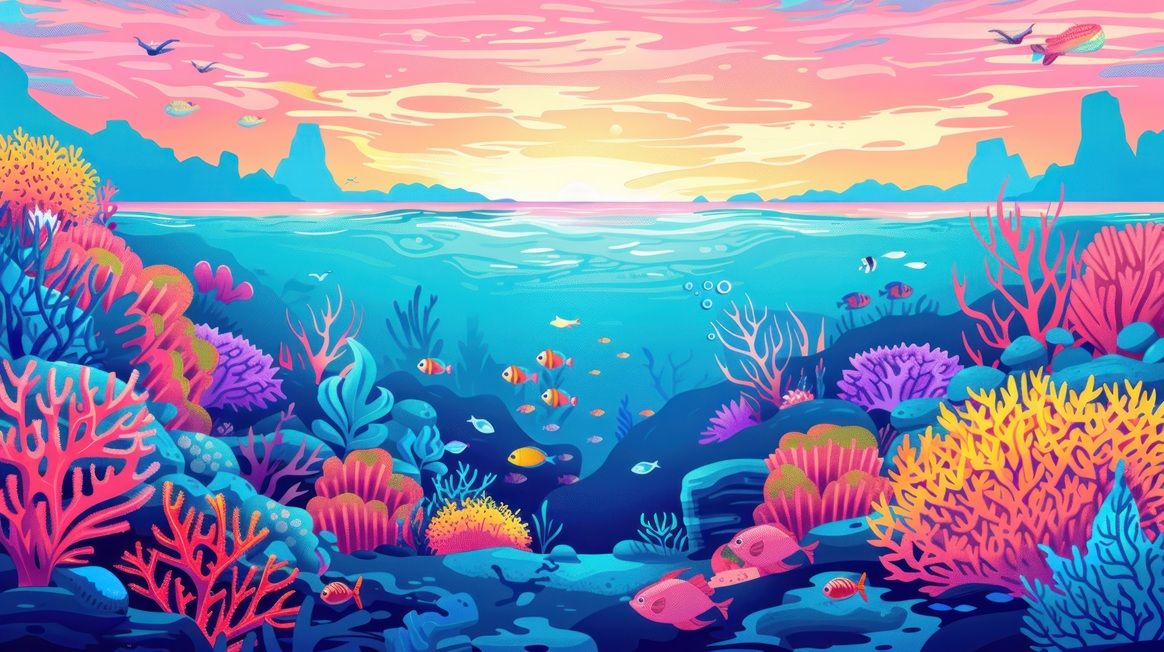 A colorful underwater scene with a variety of fish and coral