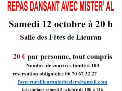 REPAS DANSANT - LIEURAN-LÈS-BÉZIERS Le 12 oct 2024