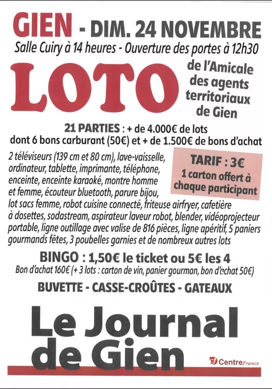 Loto Amicale des agents territoriaux de Gien Le 24 nov 2024