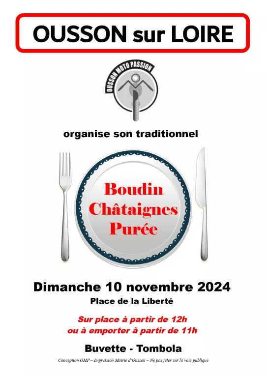 Repas convivial "Boudin châtaignes" Le 10 nov 2024