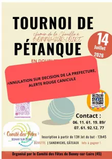 TOURNOI DE PETANQUE AMICAL ET GRATUIT, en doublette à BONNY SUR LOIRE (45) le 14 Juillet 2026