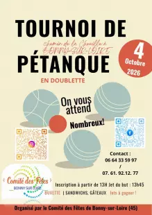 TOURNOI DE PÉTANQUE AMICAL ET GRATUIT, en doublette, à Bonny sur Loire (45) le 4 octobre 2026