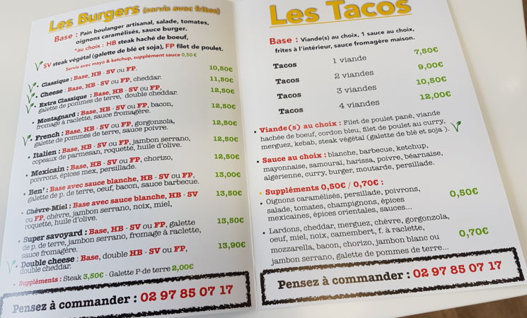 Découvrez la carte de burgers et tacos de la Madone au centre ville d'Hennebont, près du Puits Ferré, tout proche de Lorient (Morbihan, 56) en Bretagne Sud