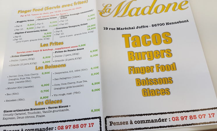 La carte de Madone vente de pizzas tacos burgers au centre ville d'Hennebont, près du Puits Ferré, tout proche de Lorient (Morbihan, 56) en Bretagne Sud
