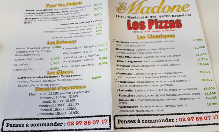 La carte des pizzas de la Madone au centre ville d'Hennebont, près du Puits Ferré, tout proche de Lorient (Morbihan, 56) en Bretagne Sud