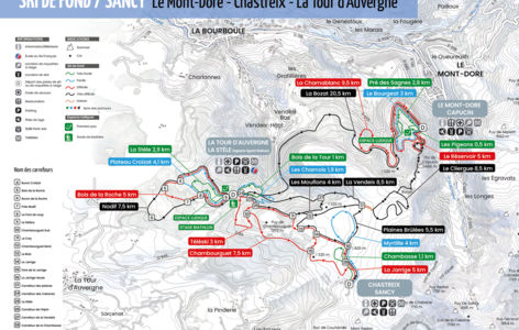 Plan de pistes Ski de fond La Bourboule, Le Mont-Dore, Chastreix, La Tour d'Auvergne
