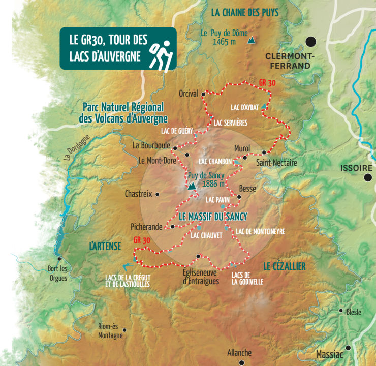 Carte du GR 30, Tour des Lacs d'Auvergne